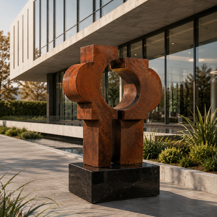 An abstract Corten steel sculpture of interlocking geometric forms on a black marble base, installed outside a contemporary building with landscaped grounds