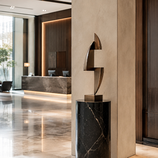 Sculpture verticale finition bronze pour réception d’hôtel