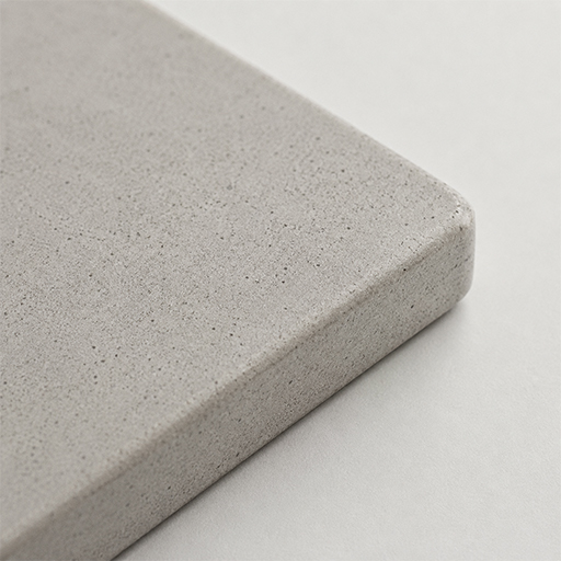 Swatch of a matte grey concrete surface with a fine speckled texture, shown as a rounded-edge sample block