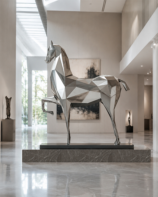 Sculpture cheval facetté en acier inoxydable pour galerie