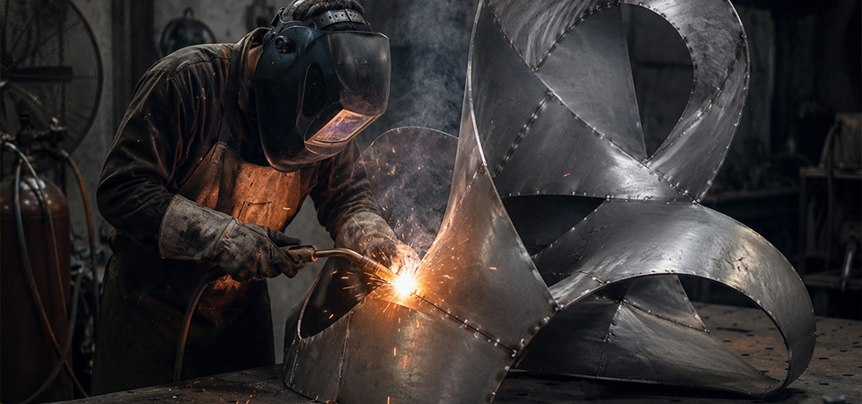 A sculptor in a welding mask torch-welding a large interlaced steel ribbon sculpture, sparks glowing in a dark workshop