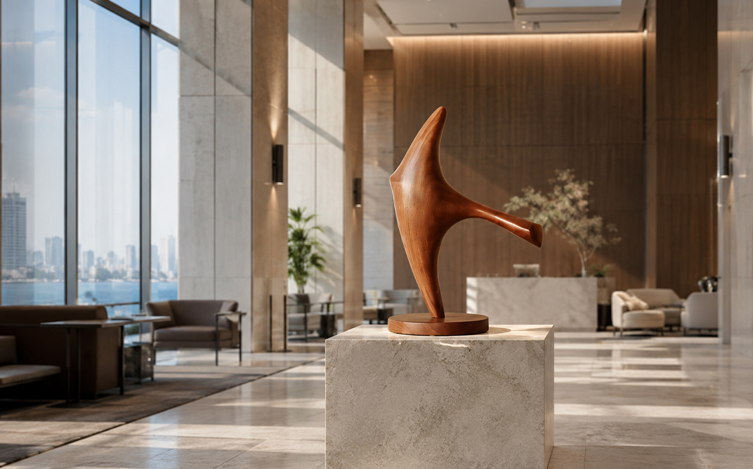 Abstract carved solid-wood sculpture with a sweeping wing-like form in warm mahogany tone, displayed on a marble plinth in a hotel lobby