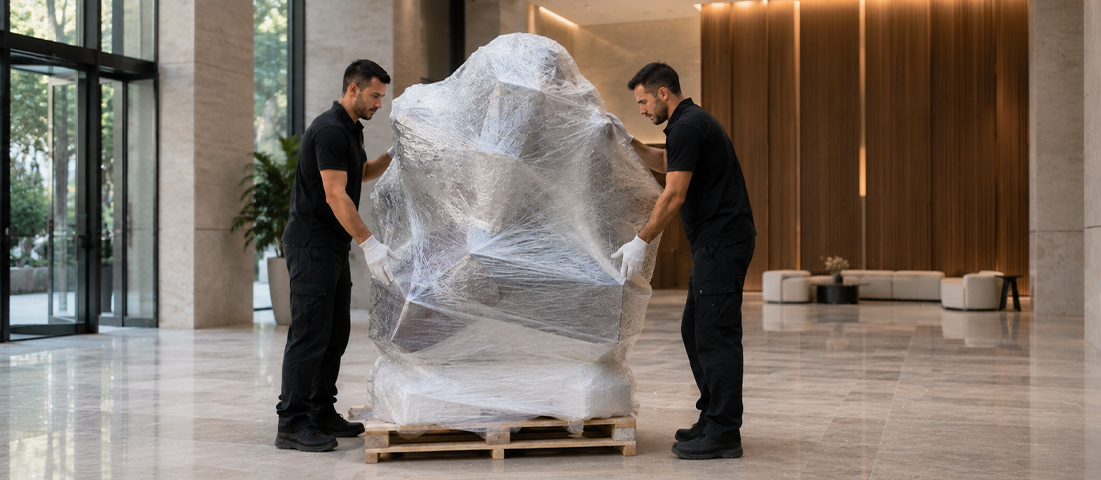 Two handlers in gloves moving a large shrink-wrapped sculpture on a pallet across a marble lobby during installation