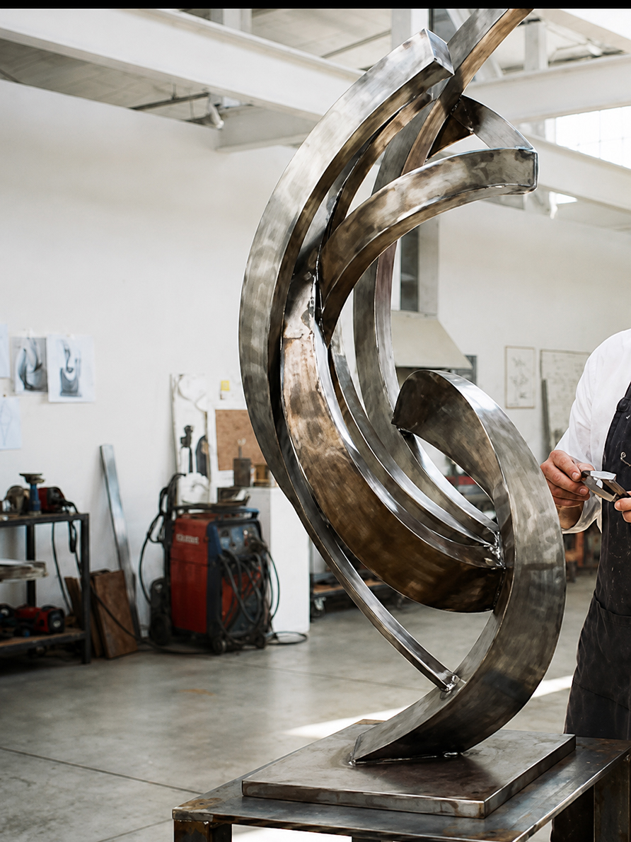A sculptor in a workshop apron finishing a large abstract steel sculpture of curved ribbon forms, surrounded by studio equipment and maquettes