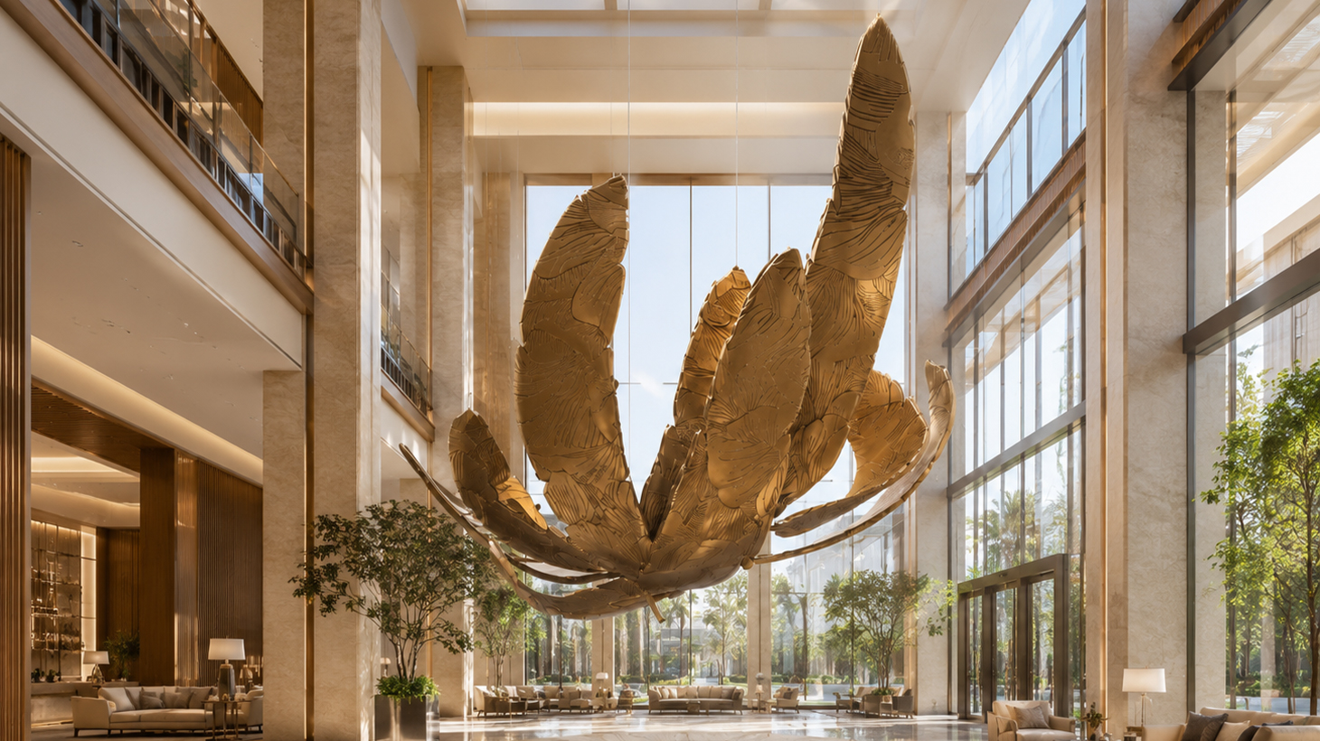 Monumental suspended sculpture of upward petal or feather forms in a gilded finish, hanging in a double-height hotel atrium