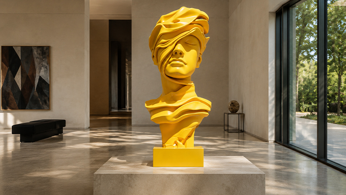 Sculpture buste figuratif jaune pour galerie d’art